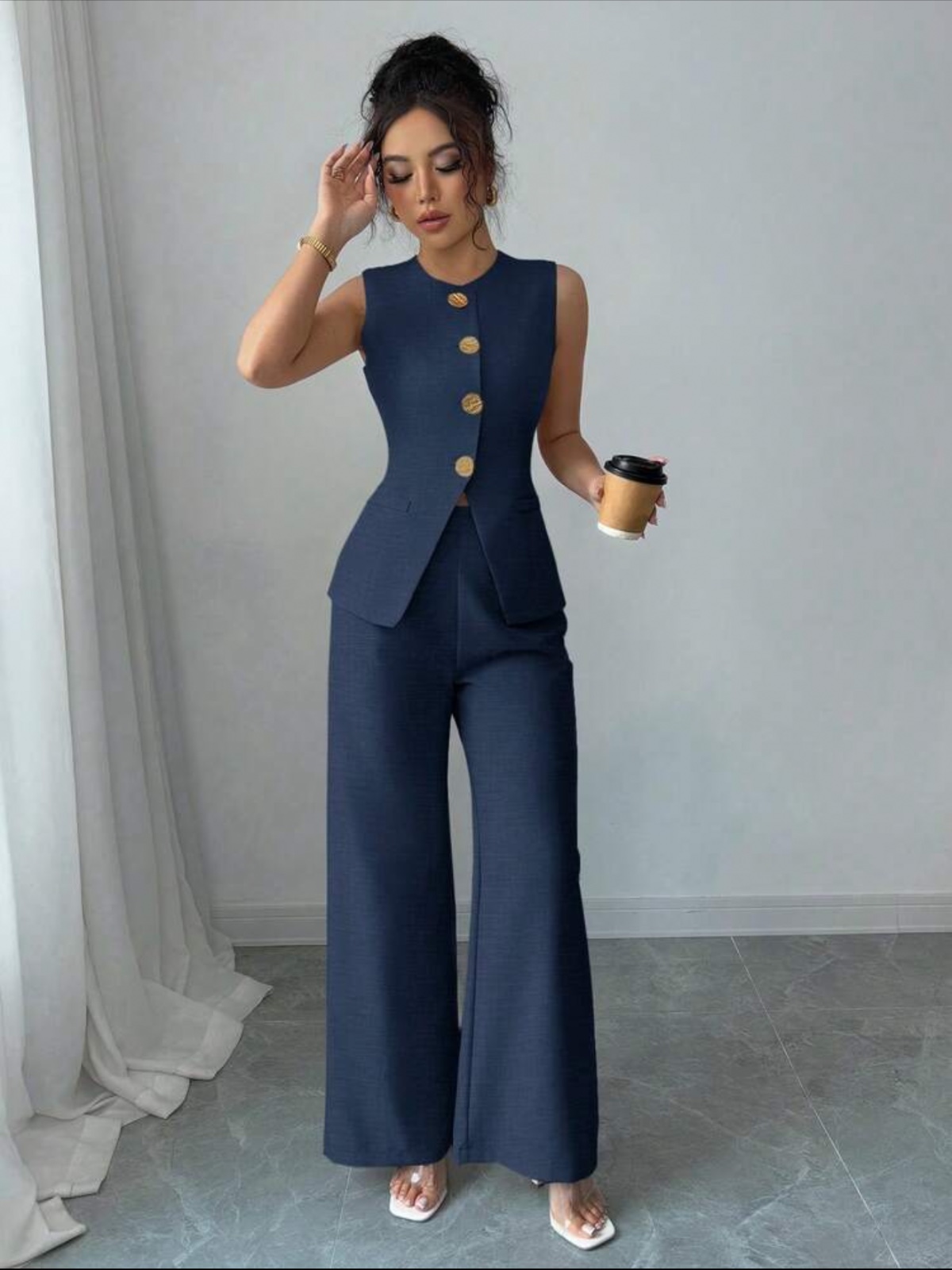 Selianne بدلة نسائية أنيقة مزينة بأزرار مطبوعة بالزهور للاستخدام اليومي/التنقل
